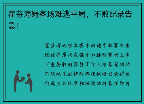 霍芬海姆客场难逃平局，不败纪录告急！