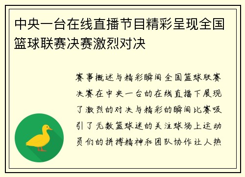 中央一台在线直播节目精彩呈现全国篮球联赛决赛激烈对决