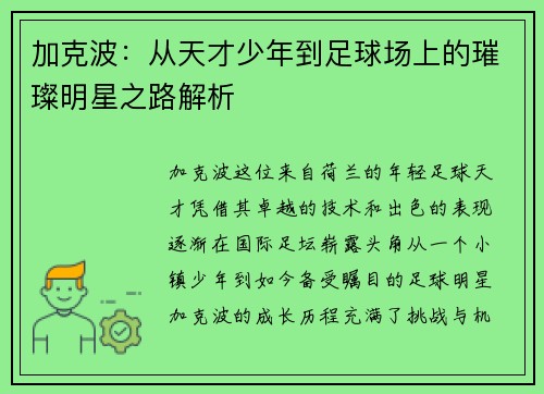 加克波：从天才少年到足球场上的璀璨明星之路解析